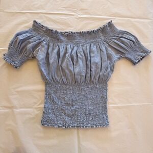 Giocam Off The Shoulder Top Women S Blue Good Smocked Cotton Boho Ruffle Puff